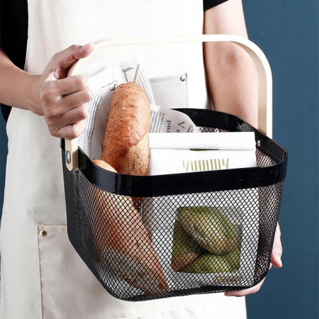 KOSZ OZDOBNY METALOWY KOSZYK Z UCHWYTEM DREWNIANYM NA OWOCE WARZYWA LOFTOWY