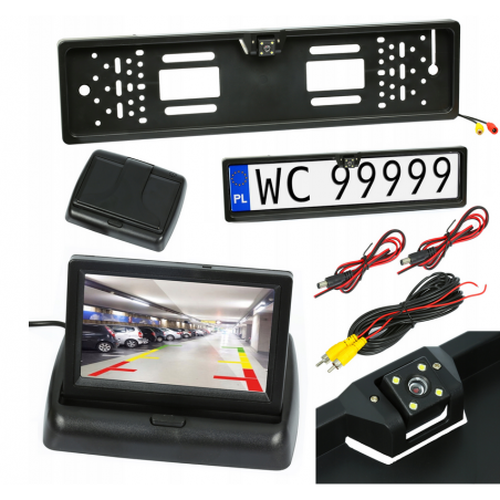 KAMERA COFANIA PARKOWANIA LED W RAMCE REJESTRACJI + MONITOR 4,3'' LCD 12V