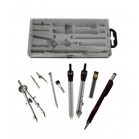 ZESTAW SZKOLNY KREŚLARSKI GEOMETRYCZNY 10 ELEMENTÓW CYRKLE OŁÓWEK AUTOMAT