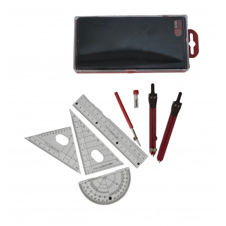 ZESTAW SZKOLNY GEOMETRYCZNY 10 ELEMENTÓW CYRKIEL EKIERKA LINIJKA KĄTOMIERZ