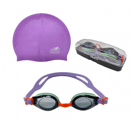 OKULARY + CZEPEK FIOLETOWY SILIKON NA BASEN DLA DZIECI DO PŁYWANIA ETUI