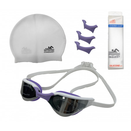 OKULARY PŁYWACKIE BIAŁO FIOLETOWE + CZEPEK BIAŁY PRO DO PŁYWANIA BASEN ANTYPARA REGULACJA ETUI