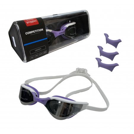 OKULARY PŁYWACKIE BIAŁO FIOLETOWE + CZEPEK FIOLETOWY DO PŁYWANIA BASEN ANTYPARA REGULACJA ETUI