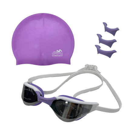 OKULARY PŁYWACKIE BIAŁO FIOLETOWE + CZEPEK FIOLETOWY DO PŁYWANIA BASEN ANTYPARA REGULACJA ETUI