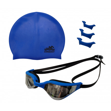 OKULARY PŁYWACKIE NIEBIESKIE + CZEPEK DO PŁYWANIA NIEBIESKI BASEN ANTYPARA REGULACJA + ETUI