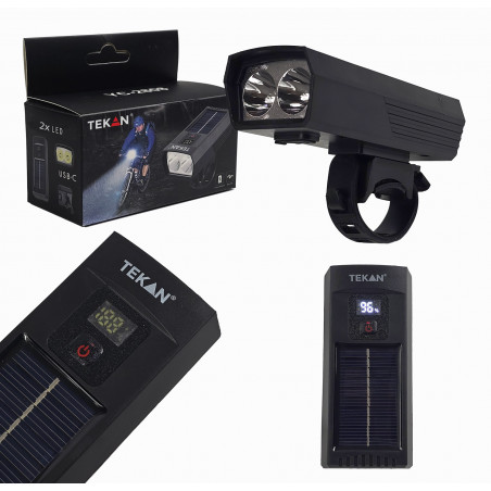 LAMPKA ROWEROWA PRZEDNIA SOLARNA MOCNA AKUMULATOR LED 3 TRYBY USB-C