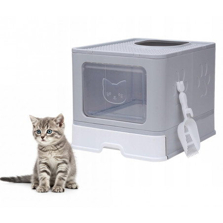 KUWETA DLA KOTA ZAMKNIĘTA KRYTA SZARA DUŻA Z SZUFLADĄ + ŁOPATKA NA ŻWIREK