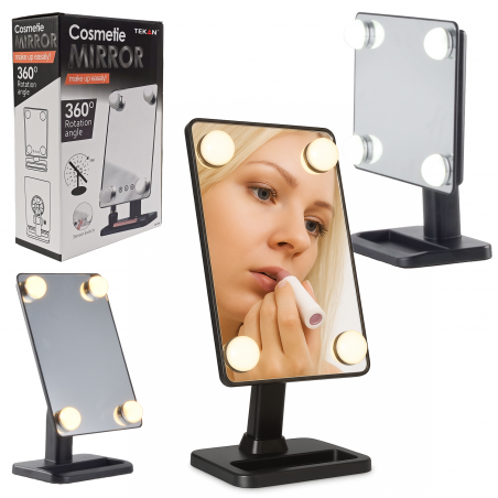 LUSTERKO KOSMETYCZNE PODŚWIETLANE 4x KULE LED DO MAKIJAŻU BATERIE LUB USB CZARNE