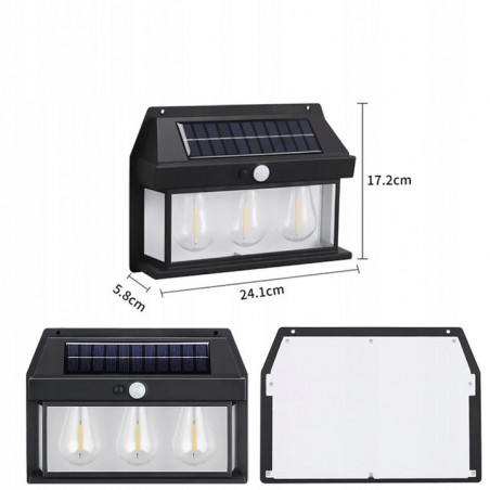LAMPA SOLARNA LED ELEWACYJNA KINKIET OŚWIETLENIE DEKORACYJNE LATARNIA 3 LED