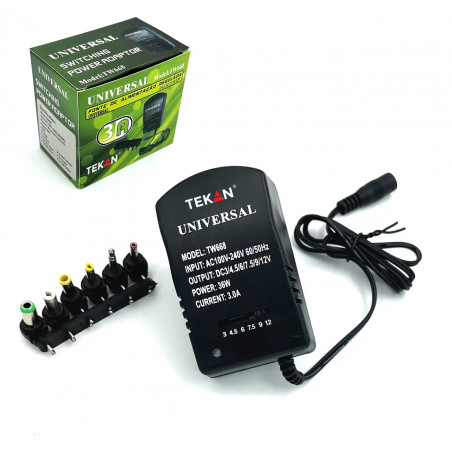 ZASILACZ SIECIOWY UNIWERSALNY IMPULSOWY REGULOWANY 3-12V DC 36W 3A 6 WTYKÓW