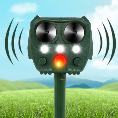 Odstraszacz zwierząt i ptaków, gryzoni solarny - ultradźwiękowy + LED, zasilanie słoneczne i USB