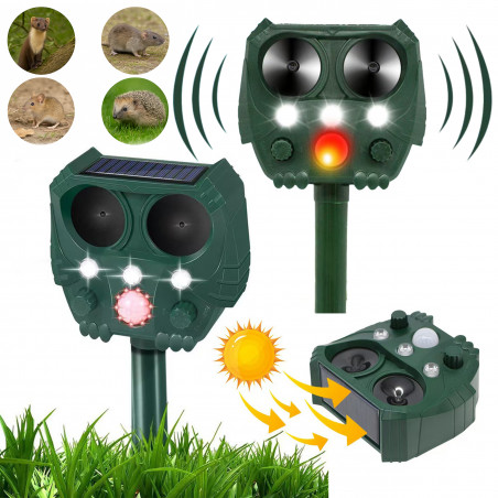 Odstraszacz zwierząt i ptaków, gryzoni solarny - ultradźwiękowy + LED, zasilanie słoneczne i USB