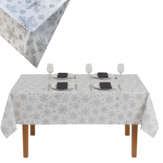 OBRUS BIAŁY ŚWIĄTECZNY PLAMOODPORNY SREBRNE PŁATKI GWIAZDKI OZDOBNY 140x230