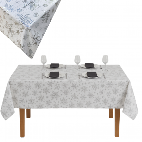 OBRUS BIAŁY ŚWIĄTECZNY PLAMOODPORNY SREBRNE PŁATKI GWIAZDKI OZDOBNY 140x230