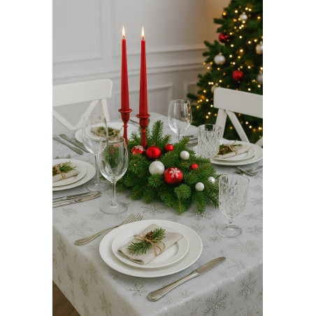 OBRUS BIAŁY ŚWIĄTECZNY PLAMOODPORNY SREBRNE PŁATKI GWIAZDKI OZDOBNY 140x230