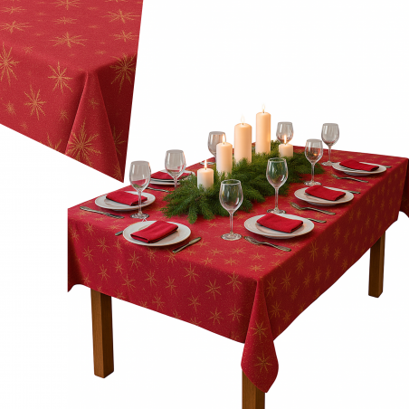 copy of OBRUS ŚWIĄTECZNY CZERWONY BORDO PLAMOODPORNY ZŁOTE GWIAZDKI OZDOBNY 140x230