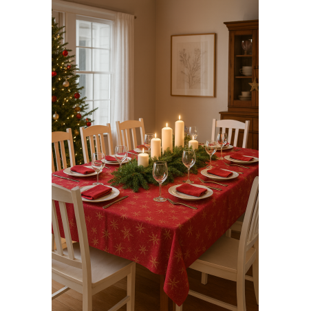 copy of OBRUS ŚWIĄTECZNY CZERWONY BORDO PLAMOODPORNY ZŁOTE GWIAZDKI OZDOBNY 140x230