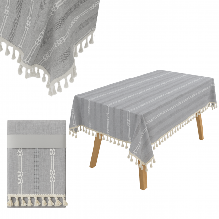 DUŻY OBRUS RUSTYKALNY BOHO NATURALNY 140x250 SZARY Z HAFTEM BAWEŁNA